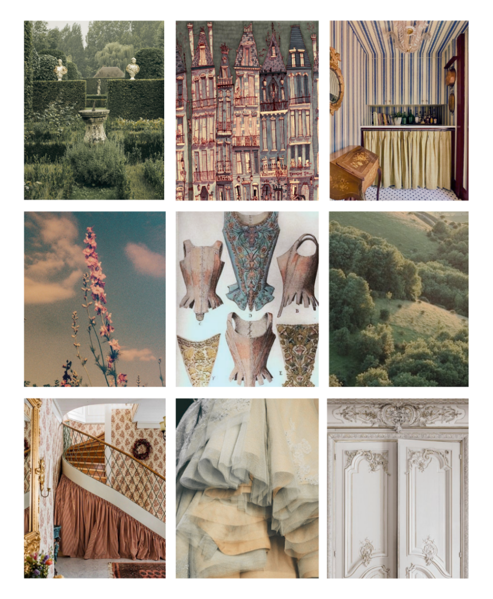 An inspiration board composed of 9 photographs arranged in a grid, featuring gardens, striped wallcoverings, corsets, soft textiles, and a palette of pastel colors.