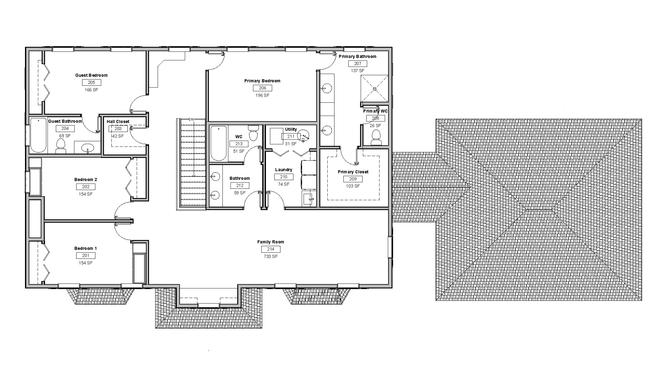 A floor plan of the second floor of a home. The left hand side features two single bedrooms
and a guest suite with a connected bedroom and bathroom, along with a small hall closet.
The front right includes a family room, bathroom, and combined laundry and utility room.
At the back right of the plan there is a primary bedroom with an attached bathroom and
walk in closet.