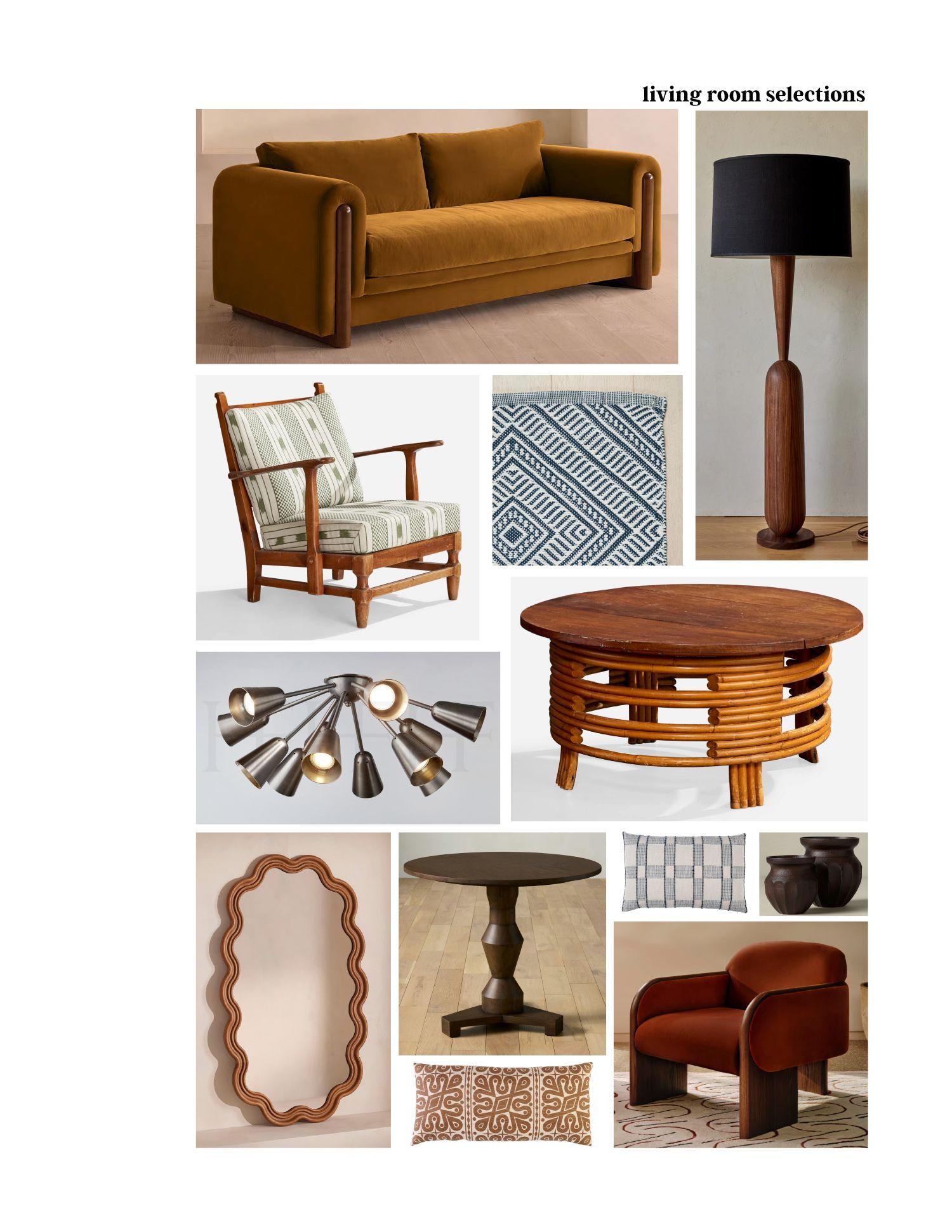 A page featuring 12 separate images of furniture and décor selections for a living room.
These include a mustard velvet sofa, a dark wood floor lamp, a rug with geometric patterns,
a wooden armchair with green striped cushions, a round coffee table with unique legs, a
Sputnik chandelier with multiple light bulbs, two different throw pillows, a set of dark
vases, a dark wood side table, a mirror with a wavy frame, and a rust velvet armchair.