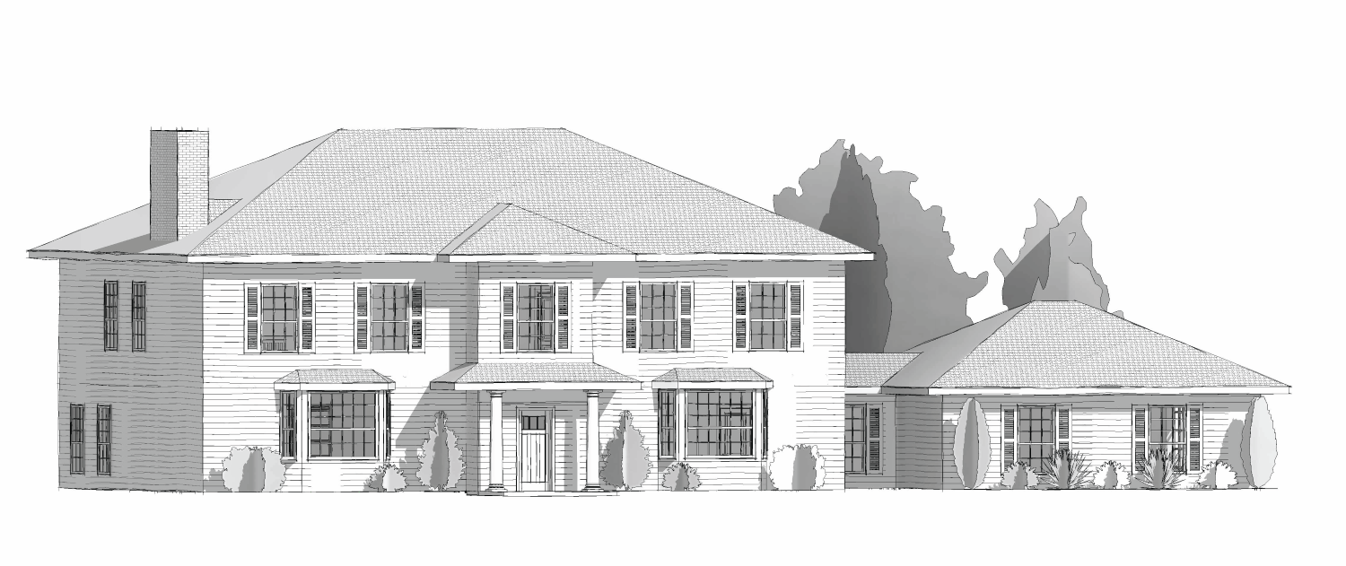 A sketch-style rendering of the exterior of a house in the American Colonial style. The home
is two stories tall with symmetrical shuttered windows and bay windows on the front
façade, a small covered porch, and a separate garage attached at the right side. There are
trees behind the garage and landscaping plants along the front of the home.