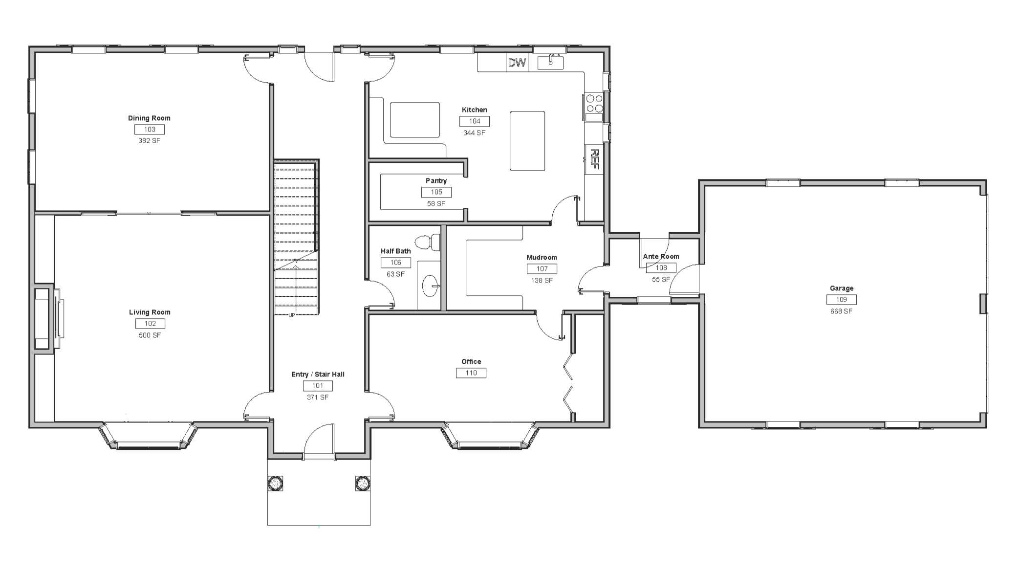 A floor plan of the main floor of a home. It features a central hallway with a staircase
running through it, a living room and dining room on the left hand side, an office and half
bathroom in the front right, and a connected mudroom, pantry, and kitchen in the back
right. There is a small ante room that connects the mudroom to the separate garage on the
right hand side.