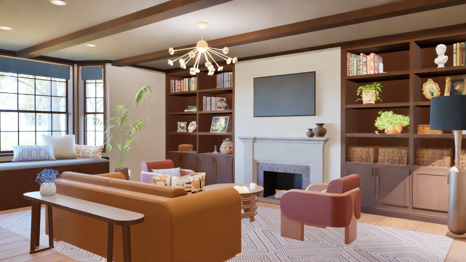 A realistic-style rendering of a living room with built-in shelving, a fireplace, and a mounted
TV along the back wall. At the left hand side there is a bay window with a built-in window
seat and multiple throw pillows. In the foreground there is a seating area with a mustard
sofa, two rust armchairs, a round coffee table, a sofa table, and a standing floor lamp, all
focused on a blue geometric rug.