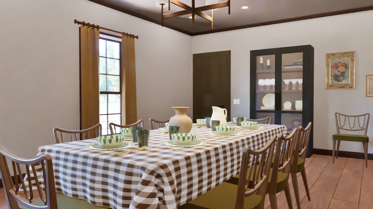 A realistic-style rendering of a dining room, including a table with a full setting. There is a
tan gingham table cloth on the table with green striped dishes and green glass cups, a
decorative vase, and a pitcher. The chairs surrounding the table are olive wood with green
seats, and there is a dark wood hutch against the back wall containing dishes and décor. A
window with mustard curtains and a chandelier in the center light the room.