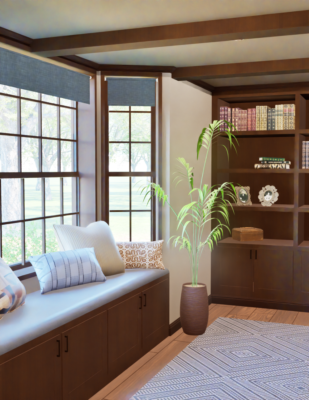 A realistic-style rendering of the corner of a living room with built-in shelves along the right
hand wall and a potted plant standing in front of them. Along the left side there is a bay
window with a built-in window seat and a few patterned throw pillows. The windows show a
faint view of trees and grass outside.