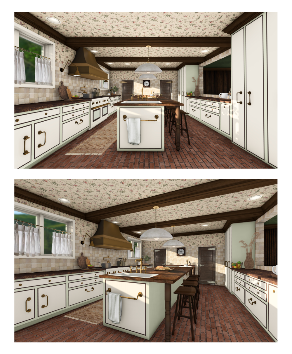 3D Perspective renderings of the
interior of the kitchen. red brick
flooring, light green painted cabinetry,
dark brown countertops, brass
hardware and wooden architecutral
beams.