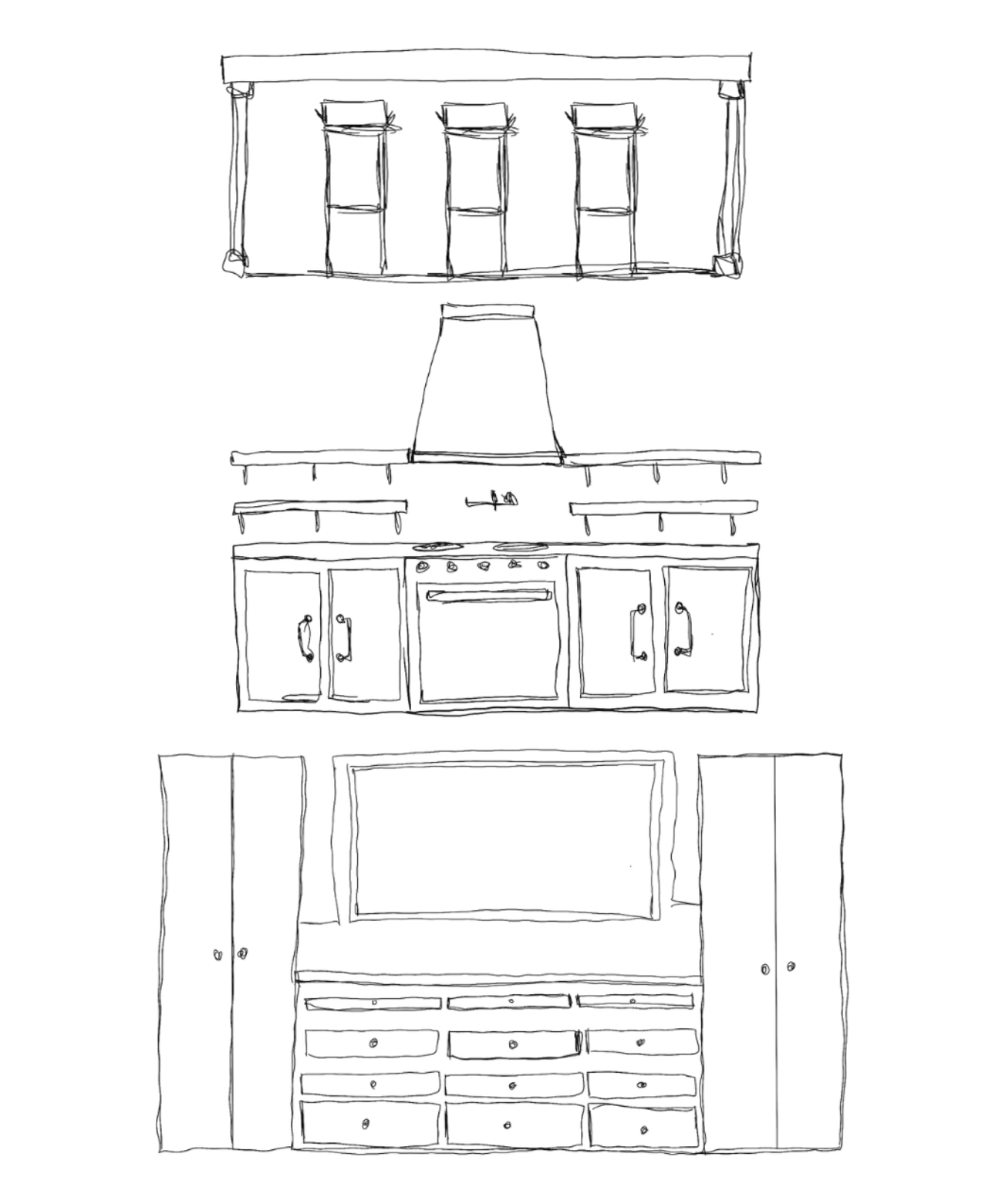 Preliminary sketches of cabinetry and
island ideas.