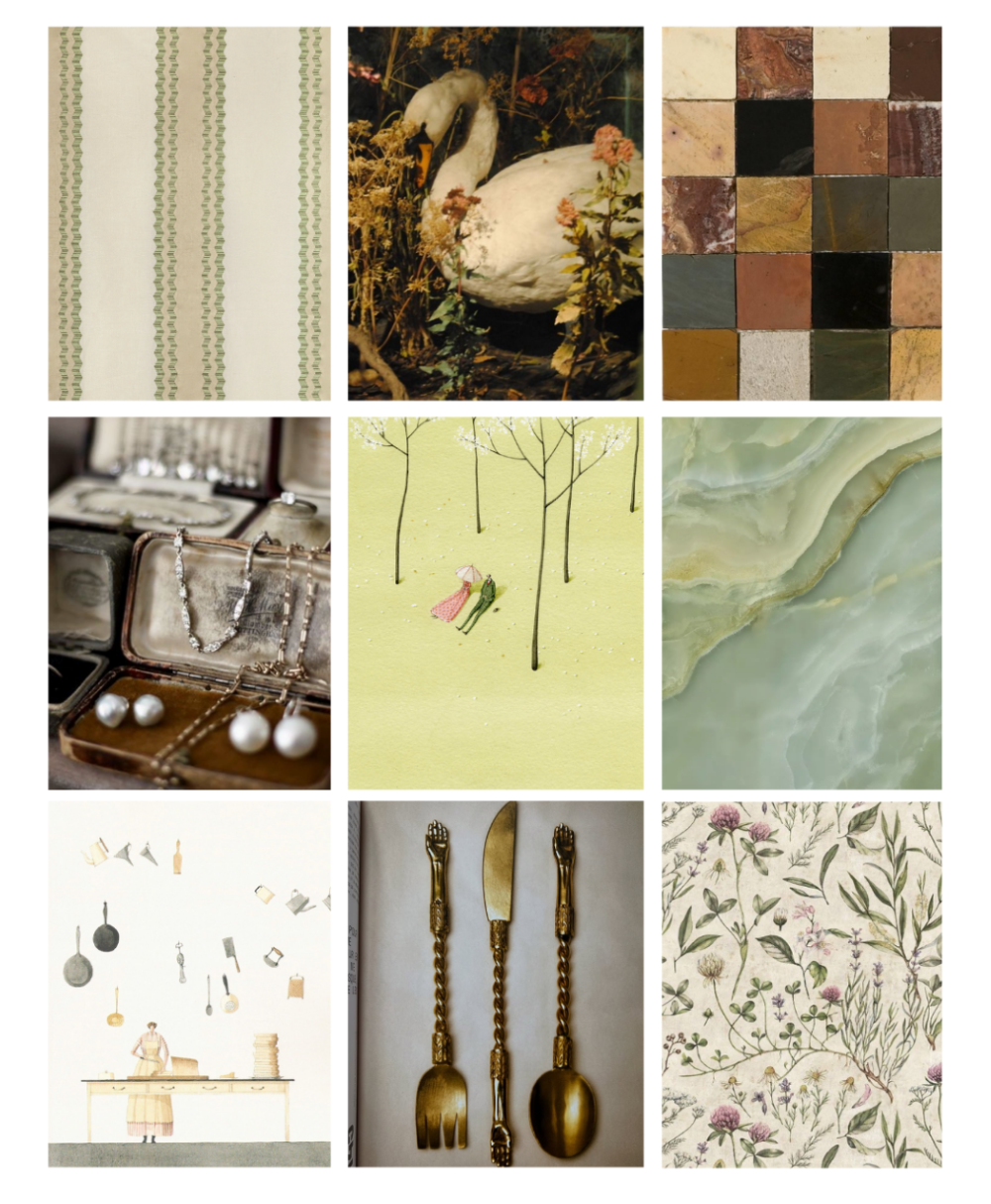 An inspiration board composed of 9
photographs arranged in a grid,
featuring light green shades, trees,
kitchen utensils, and nature.