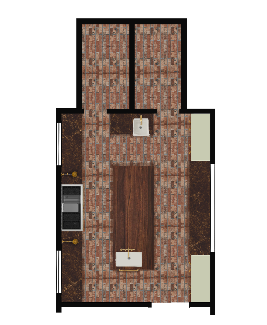 Hand-rendered floor plan showing
materials and finishes of the kitchen.