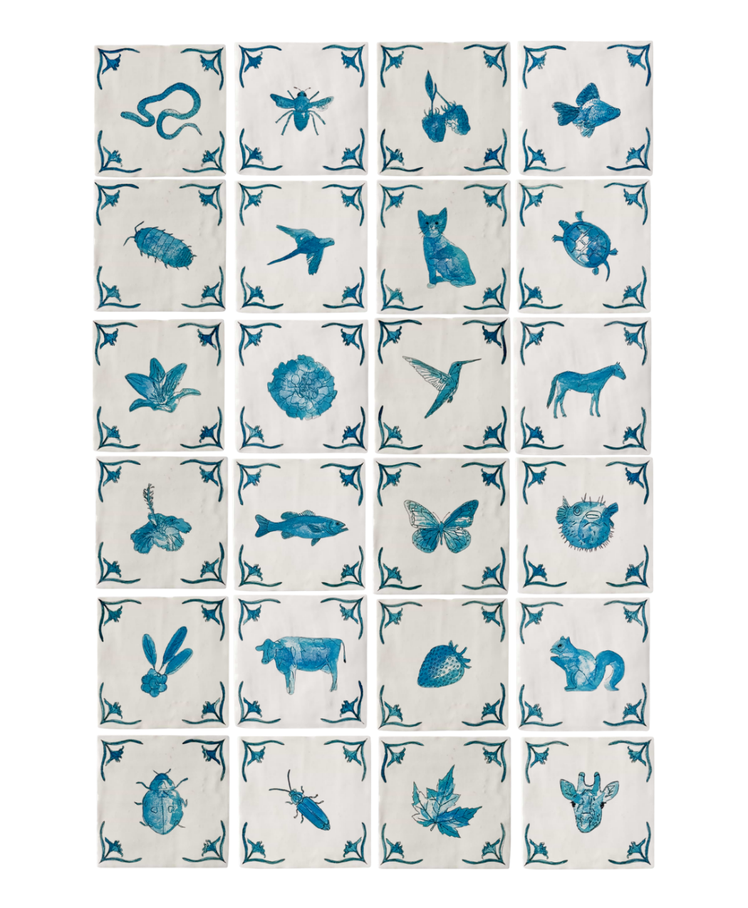 Realistic renderings of 24 square tile
designs. From right to left, starting at
the top - row one: snake, bumble bee,
raspberries, goldfish, row two: roly
poly, parakeet, kitten, turtle, row
three: lily, marigold, hummingbird,
horse, row four: hibiscus, bass fish,
butterfly, pufferfish, row five: red
berries, cow, strawberry, squirrel, row
six: ladybug, firefly, maple leaf, giraffe.