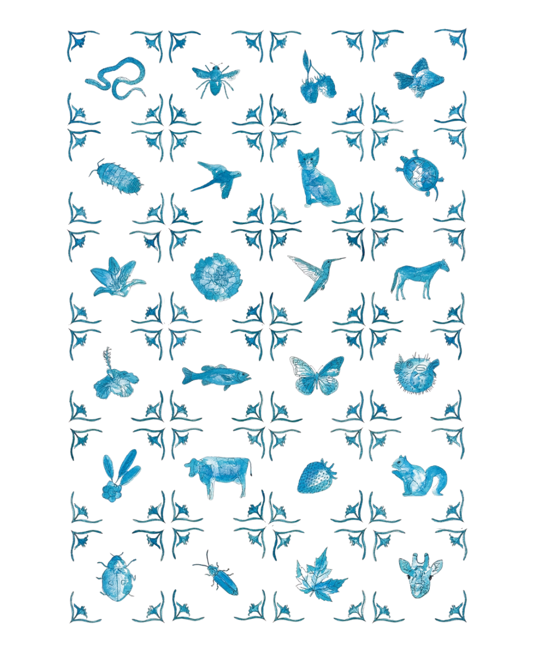 Watercolor renderings of 24 square
tile designs. The watercolor is a bright
blue.