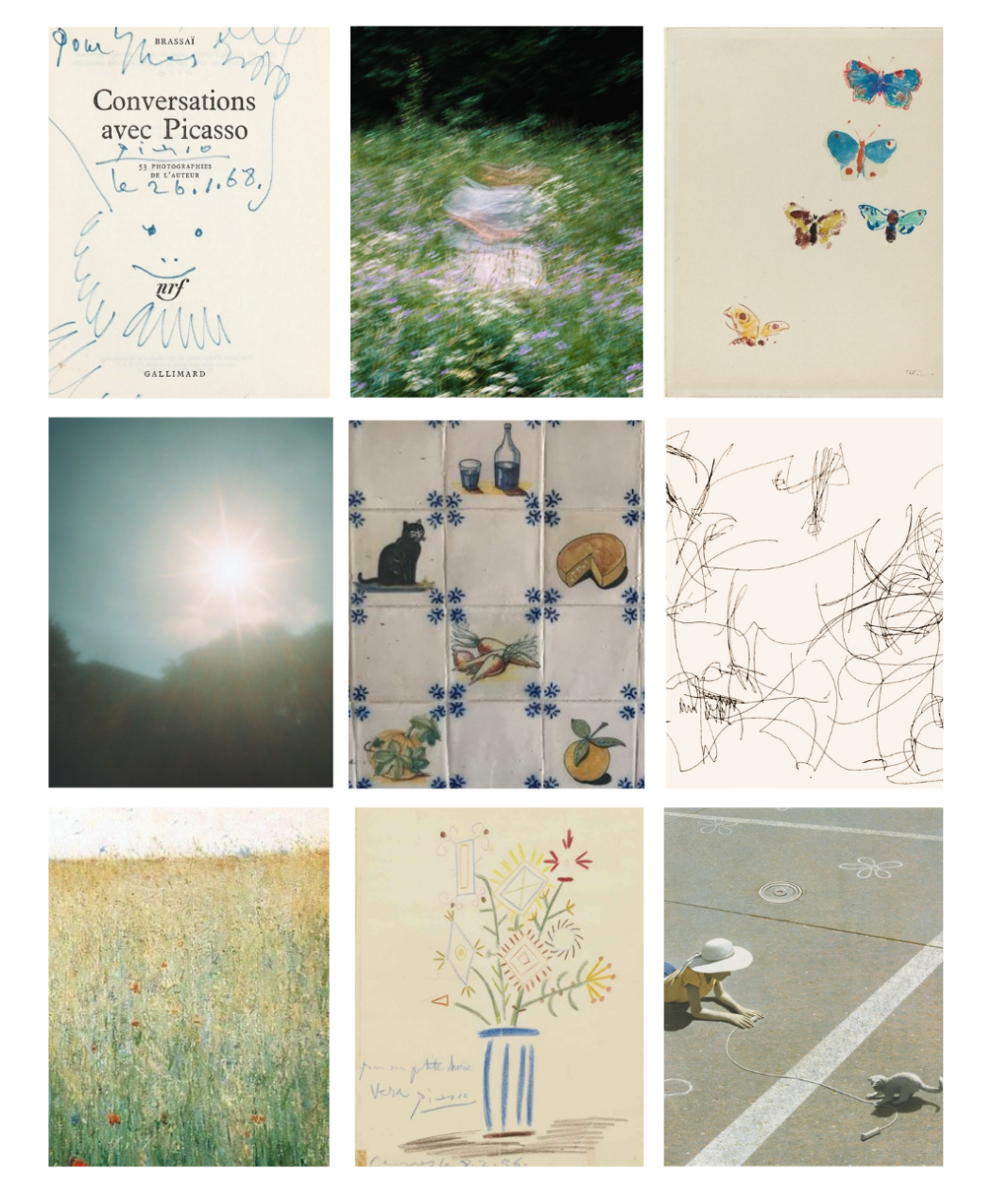 An inspiration board composed of 9
photographs arranged in a grid,
featuring gardens, crayon scribbles,
and flowers.