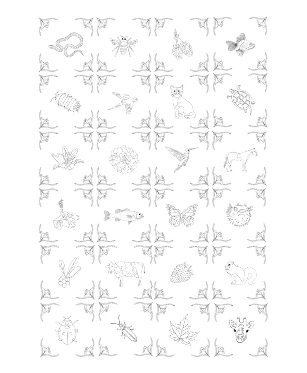 Sketches of 24 square tile designs.
Each tile has a drawing of an amaryllis
in the four corners. In the center of
each tile there is an element of nature.