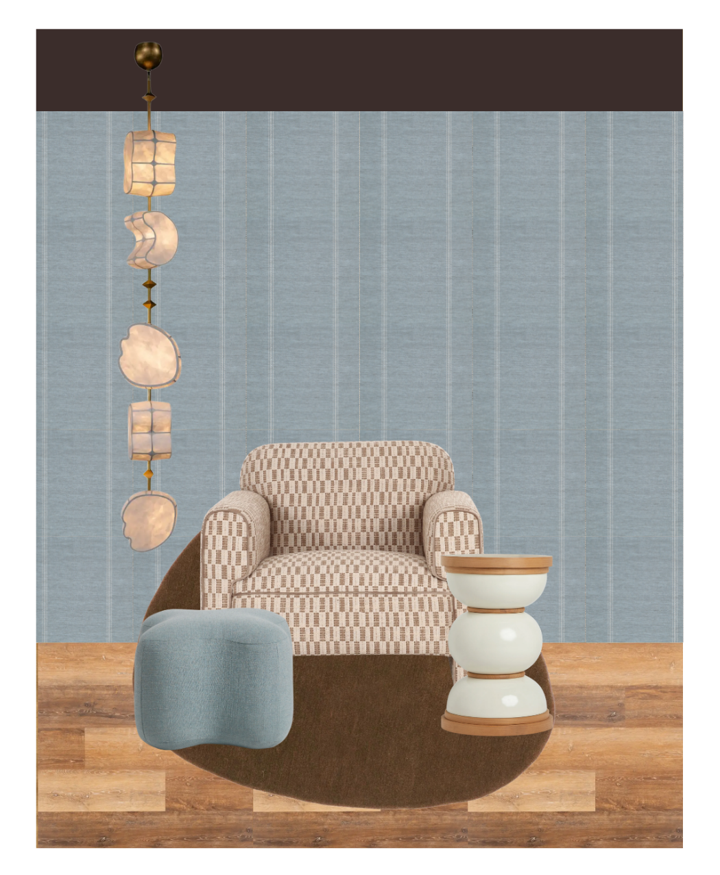 Elevation layout of a furniture
selection of the lounge with wood
flooring, blue textured wallcovering
and chocolate brown ceiling. Linear
lantern pendant next to a brown and
white lounge chair, light blue ottoman,
and cylinder side table.