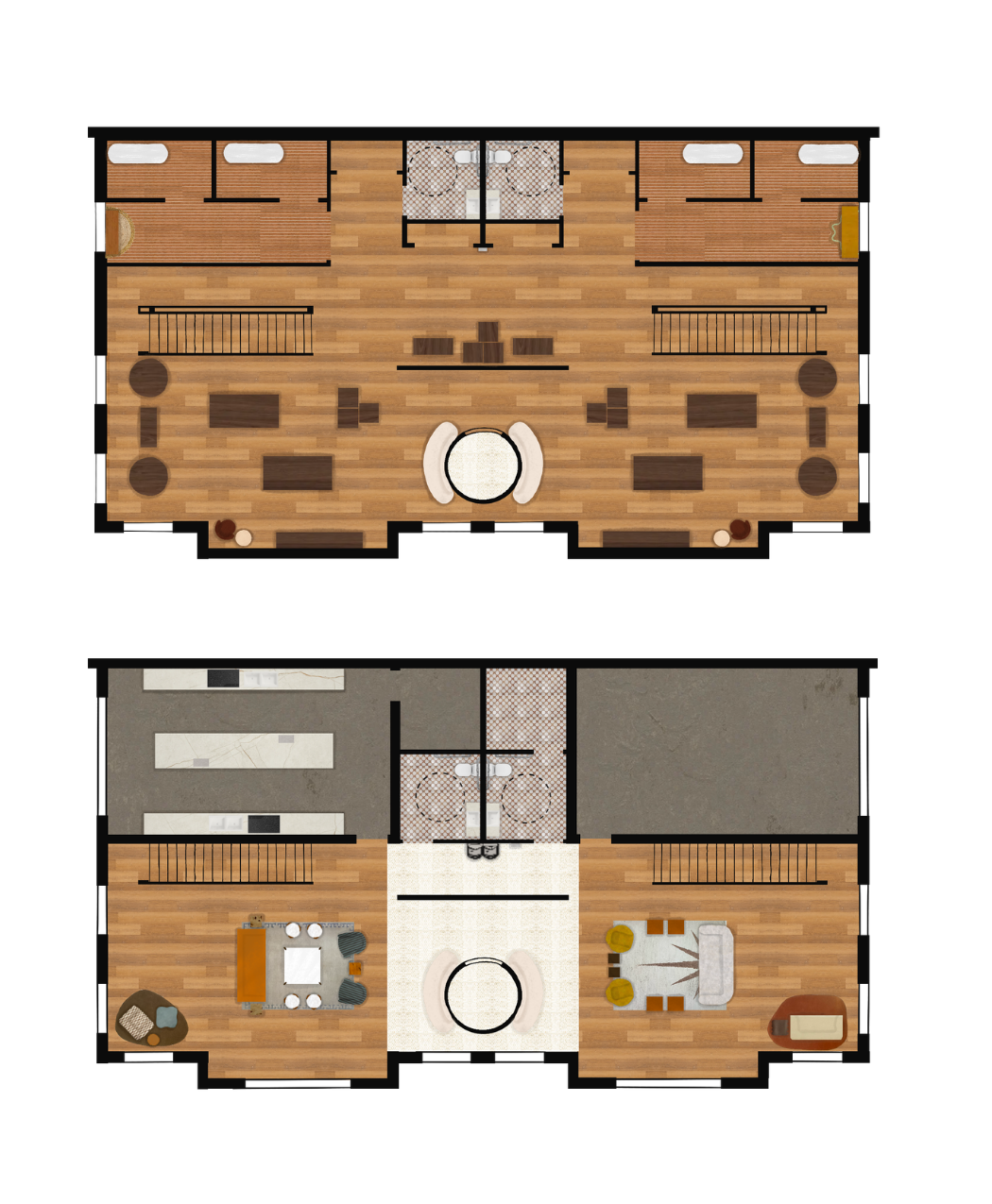 Hand-rendered floor plans of the first
and second floor, showing materials,
finishes and furniture.
