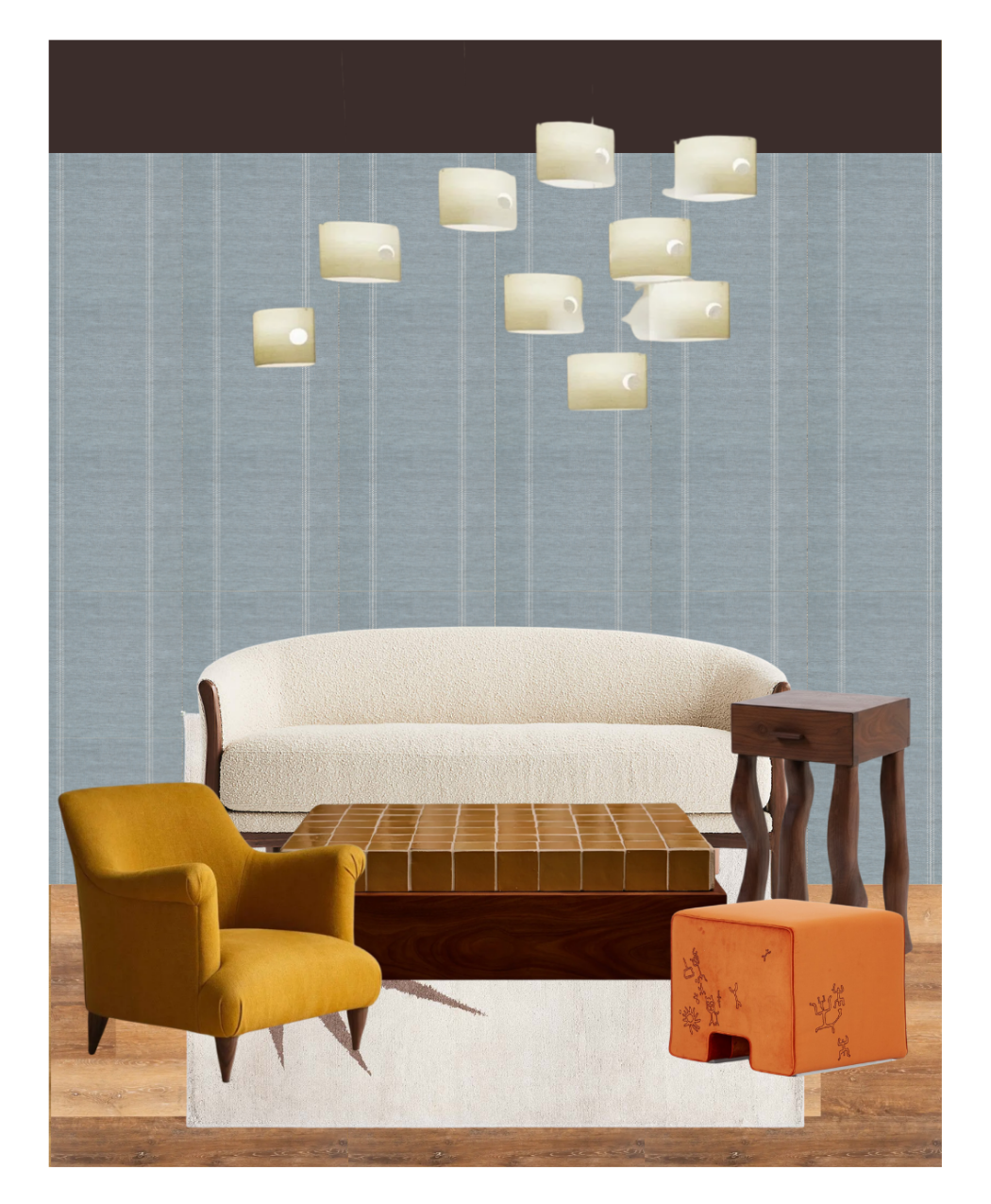 Elevation layout of a furniture
selection of the lounge with wood
flooring, blue textured wallcovering
and chocolate brown ceiling. Lantern
inspired hanging lights, a yellow
lounge chair, white sofa, mustard
colored coffee table, and orange
leather ottoman.