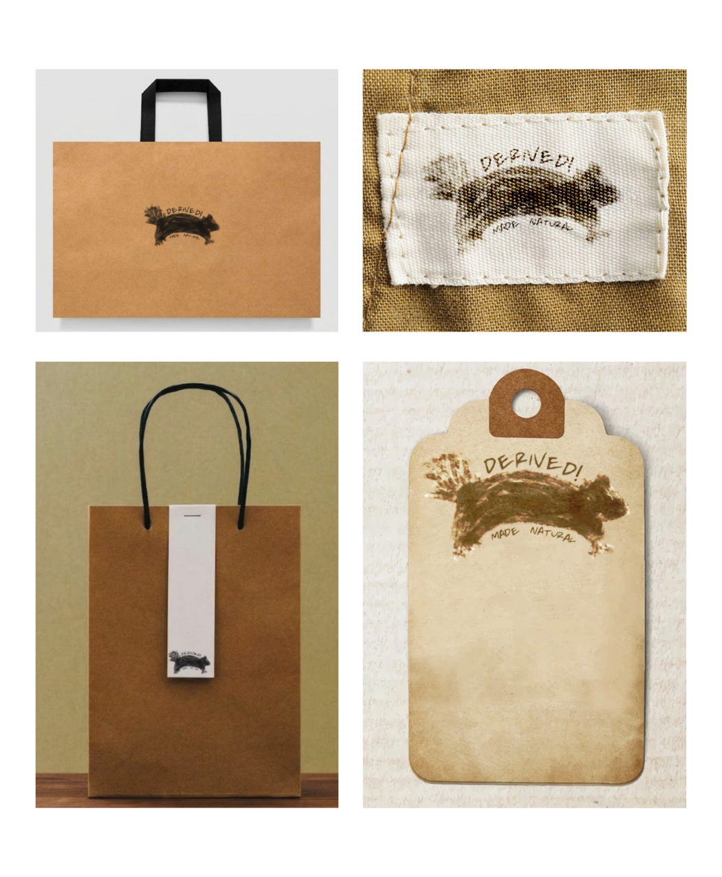 Bags and tags featuring the branding
of Derived!. The logo is an abstracted
image of a hedgehog, aboved is the
name Derived! and below it reads
“Made Natural”