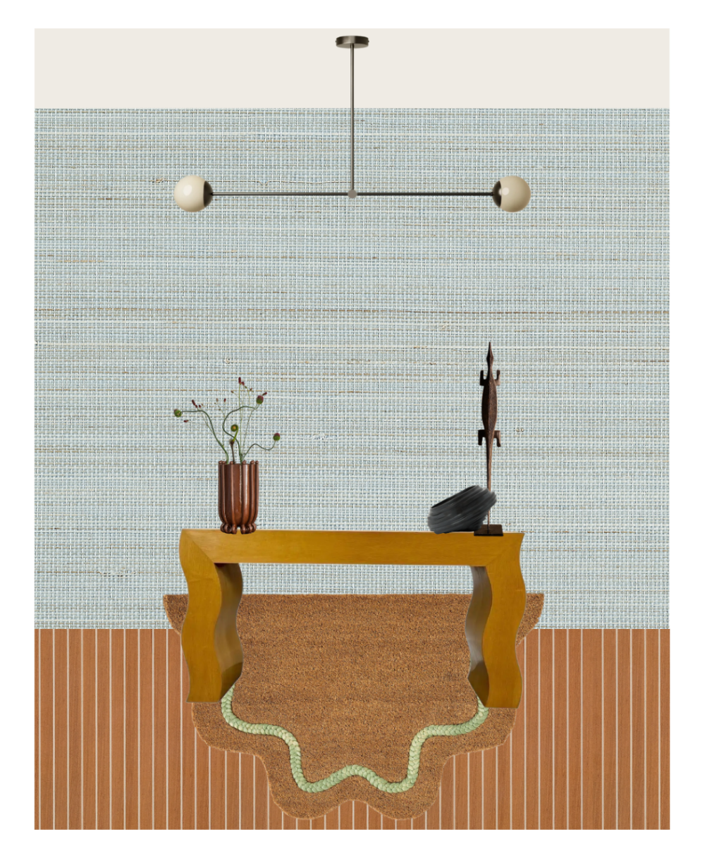 Elevation layout of a furniture
selection of a dressing room with
terracotta tile, texture blue
wallcovering, and a cream painted
ceiling. Linear ceiling light above a
wooden display table with a pot of
flowers, aligator scutplure and bowl, all
on top of a squiggly rug