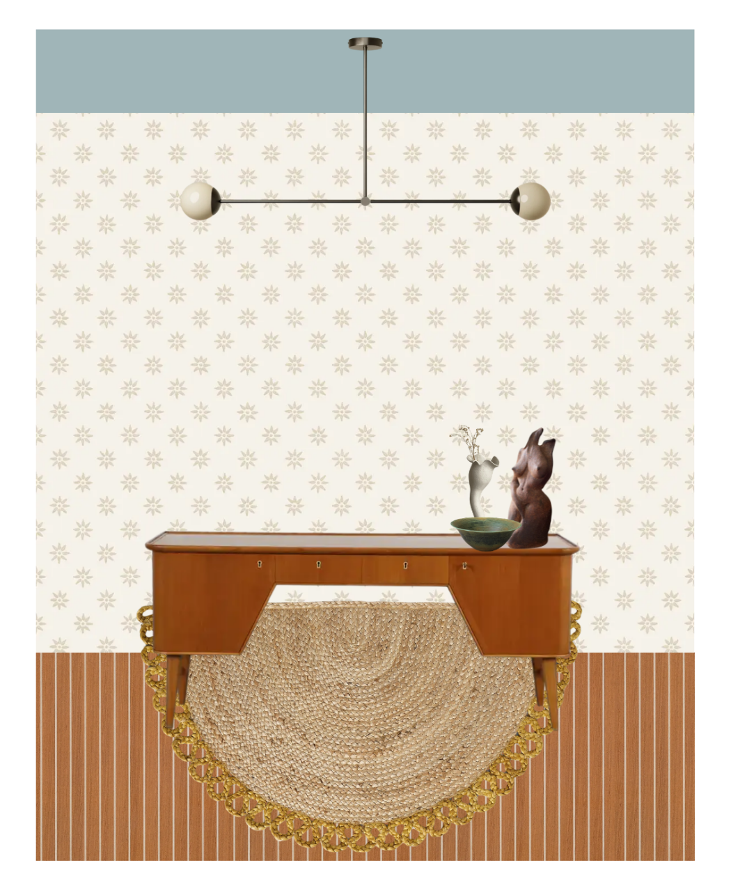 Elevation layout of a furniture
selection of a dressing room with
terracotta tile, white and gold
patterned wallcovering, and a light
blue painted ceiling. Linear ceiling
light above a wooden display table
with a sculputre of a woman, bowl, and
a vase with a flower, all on top of a
semi-circle rug.