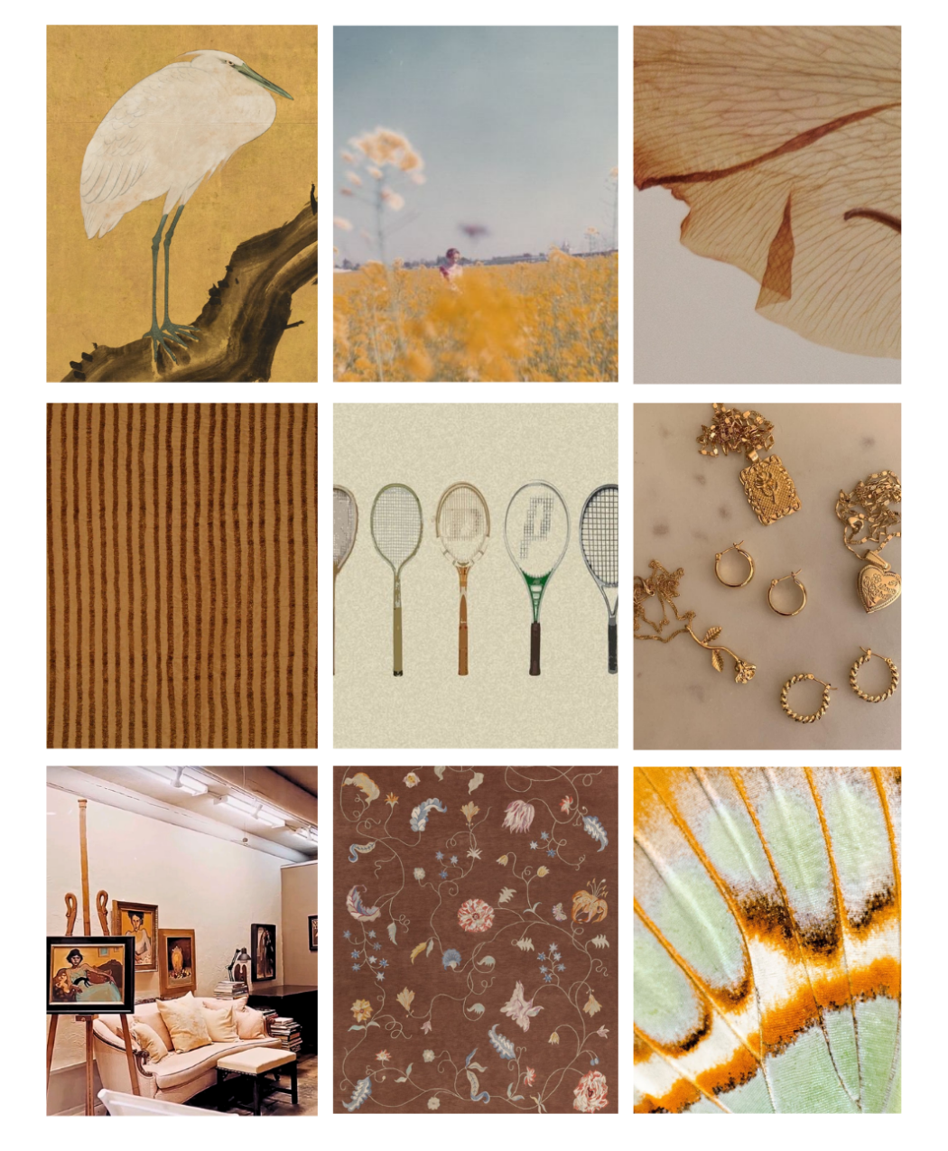 An inspiration board composed of 9
photographs arranged in a grid,
featuring gold detailing, shades of
yellow and brown, soft rustic nature,
and touches of blue.