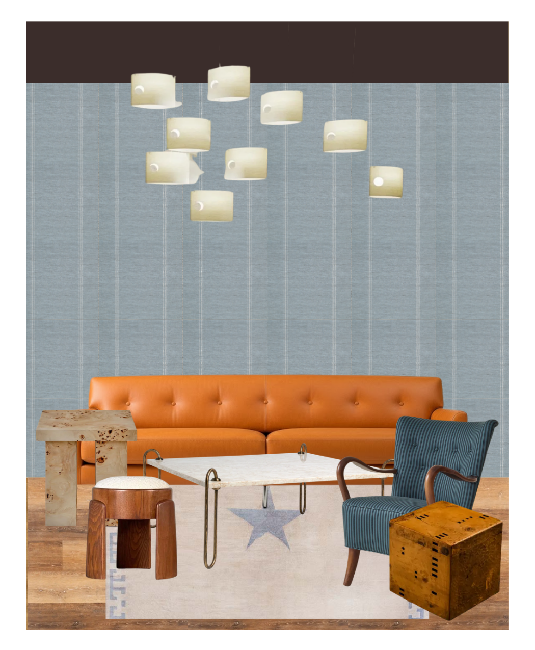 Elevation layout of a furniture selection
of the lounge with wood flooring, blue
textured wallcovering and chocolate
brown ceiling. Lantern inspired hanging
lights, orange leather sofa, blue striped
lounge chair, wooden cube side table
and cream rug.
