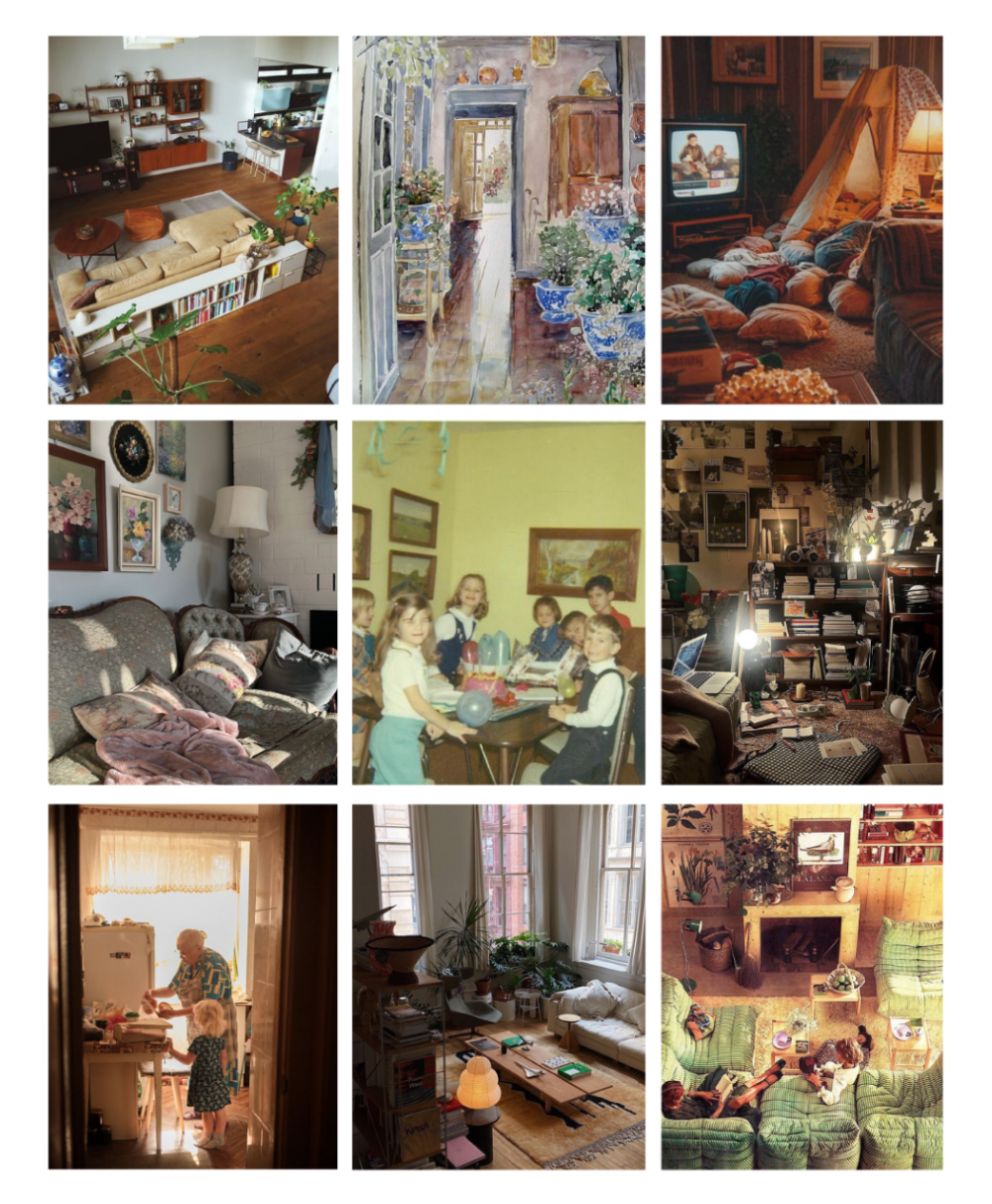 An inspiration board composed of 9
photographs arranged in a grid,
featuring a variety of living rooms,
kitchens, family gatherings, and warm
colors.