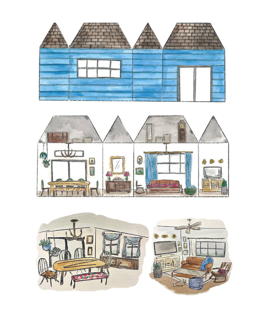 Watercolor renderings of a conceptual
living and dining room. The top
rendering a blue board and batten
house, expanded into elevations.
Below, rendered interior elevations.
Two perspective renderings of the
living and dining room.