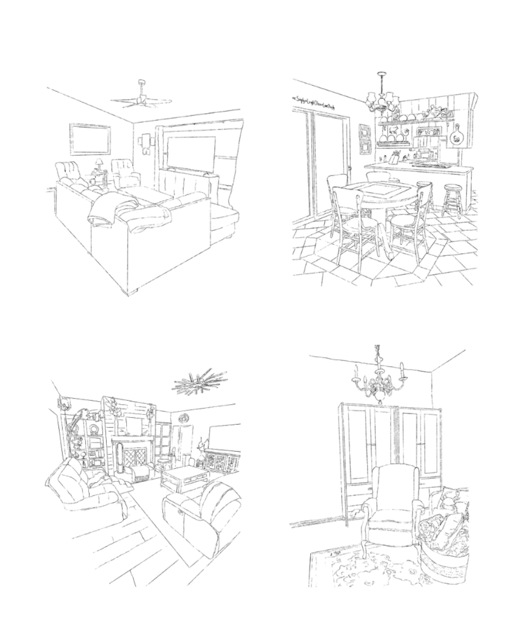 4 sketches of living rooms arranged in
a grid.