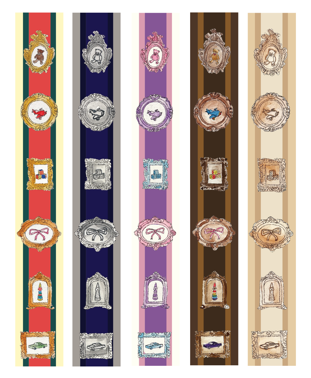 Five vertical strips of each colorway of
The Memories Wallcovering. The
wallcovering has vertical stripes in
varying in width. Picture frames with
children’s toys layed on the stripes.
