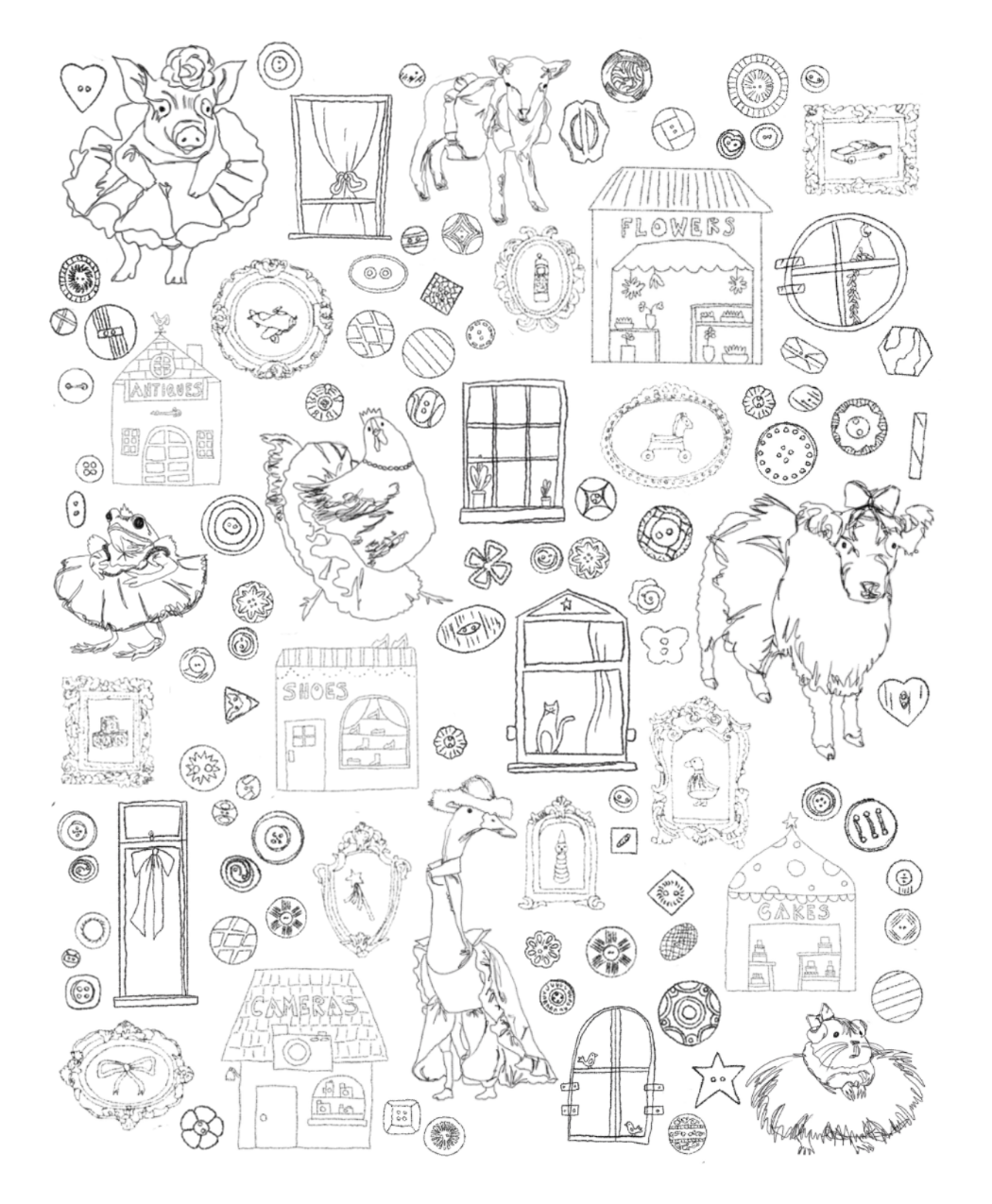 Collage of sketches, featuring
different decorative elements of each
wallcovering.