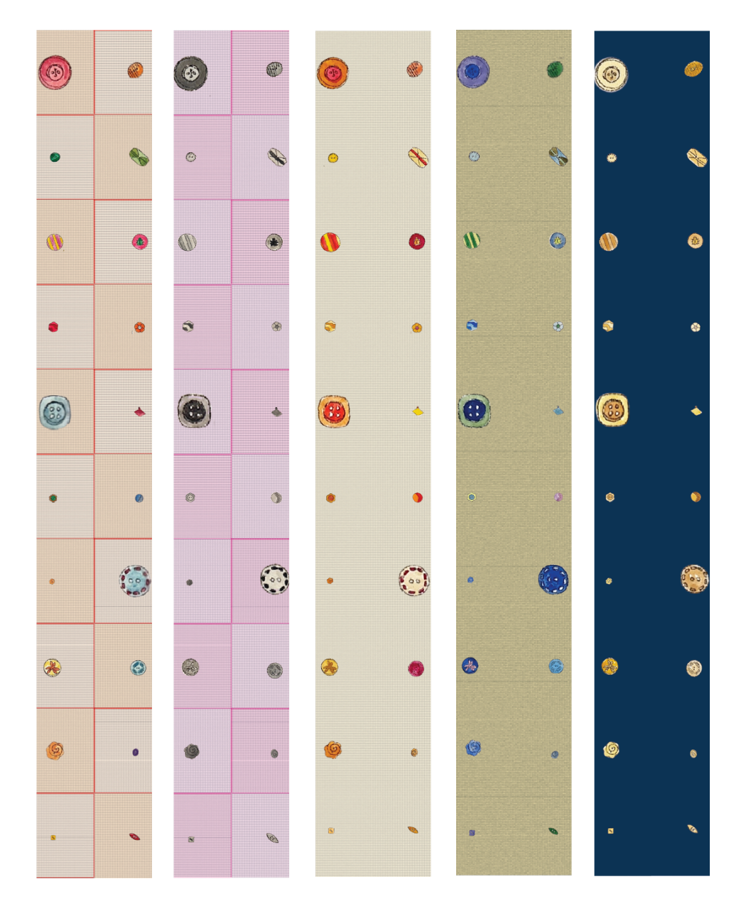 Five vertical strips of each colorway of
The Collection Wallcovering. The
wallcovering has a variety of buttons
organized in rows and columns.