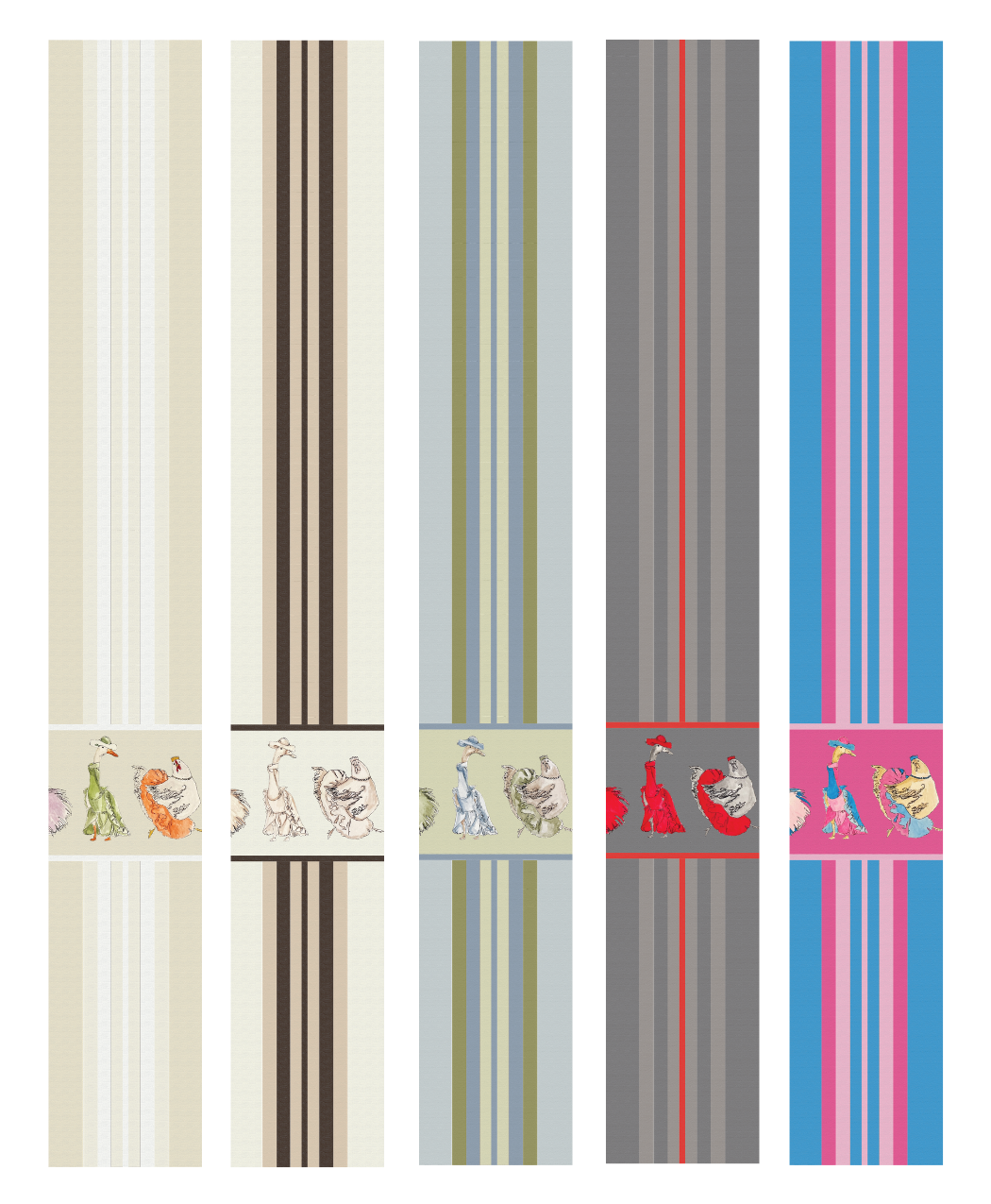 Five vertical strips of each colorway of
The Storybook Wallcovering. The
wallcovering has vertical stripes in
varying in width. A row of animals in
placed ⅔ down, featuring a cat, frog,
lamb, guinea pig, goose, chicken, dog,
mouse, pig, and a cow.