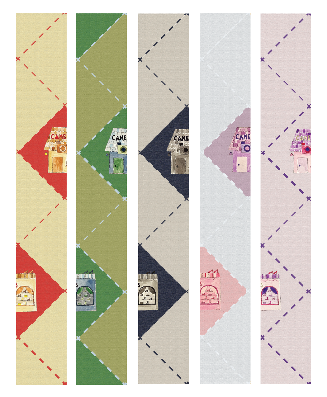 Five vertical strips of each colorway of
The Neighborhood Wallcovering. The
wallcovering has a shops placed in an
argyle pattern.