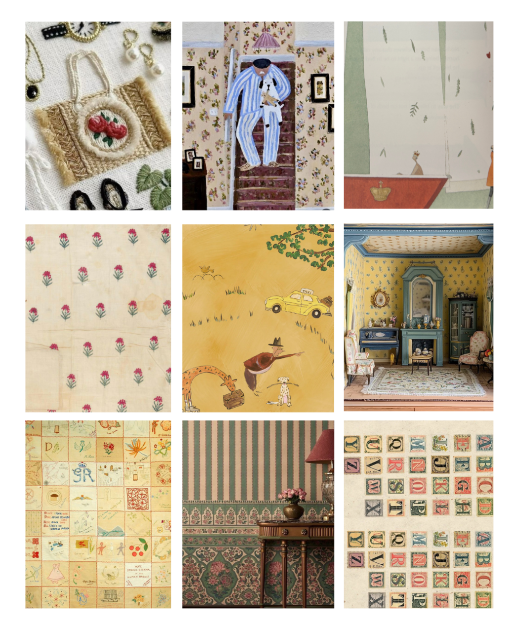 An inspiration board composed of 9
photographs arranged in a grid,
featuring a variety of hand made
materials: embroidery, paintings of
flowers, dollhouses, wooden blocks.
