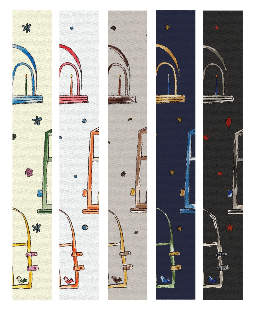 Five vertical strips of each colorway of
The Views Wallcovering. The
wallcovering has a variety of windows
scattered across the pattern.