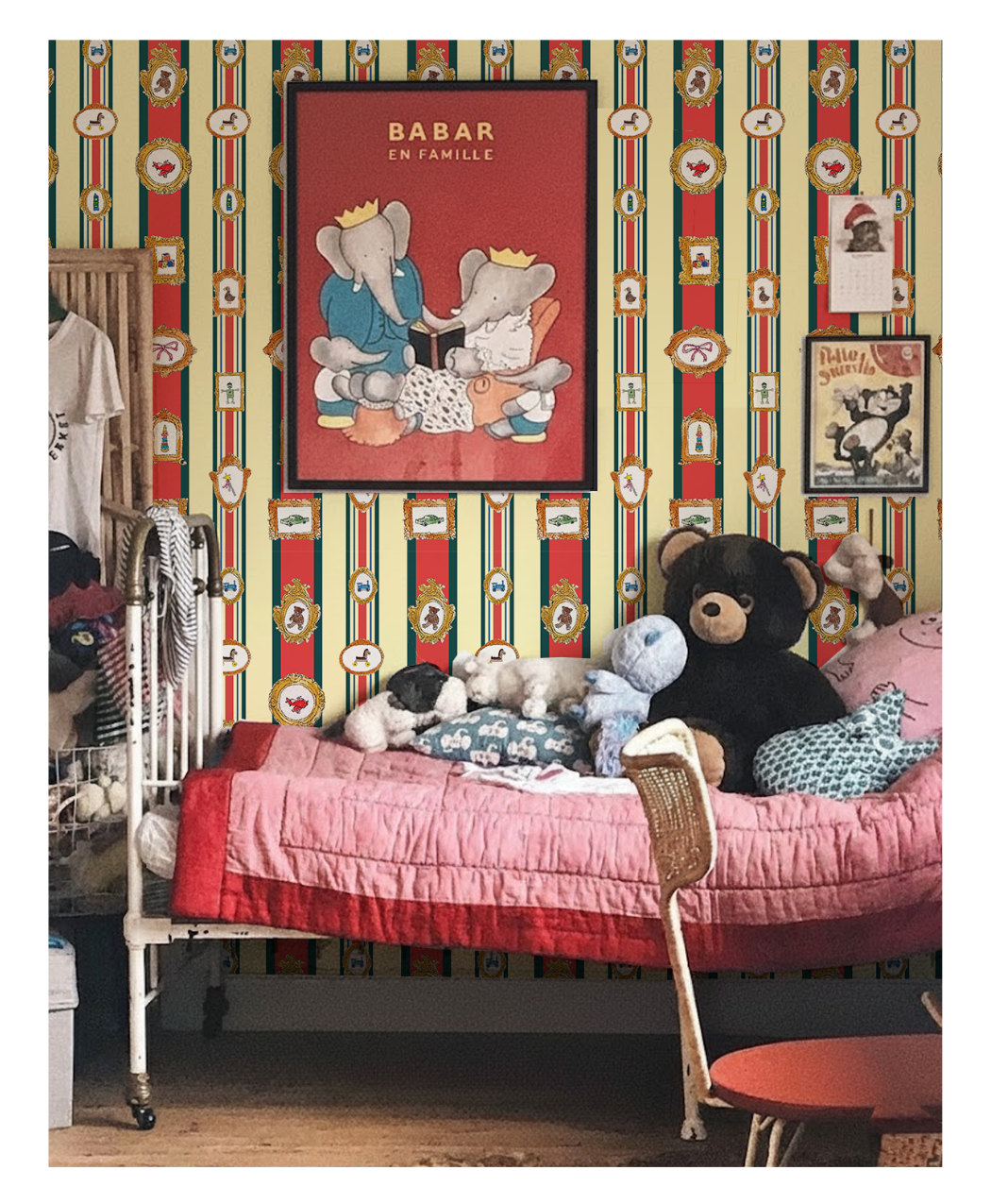 A vignette of the third wallcovering:
The Memories, put on the wall of a
child’s bedroom with a photo hanging,
a twin bed, and stuffed animals.