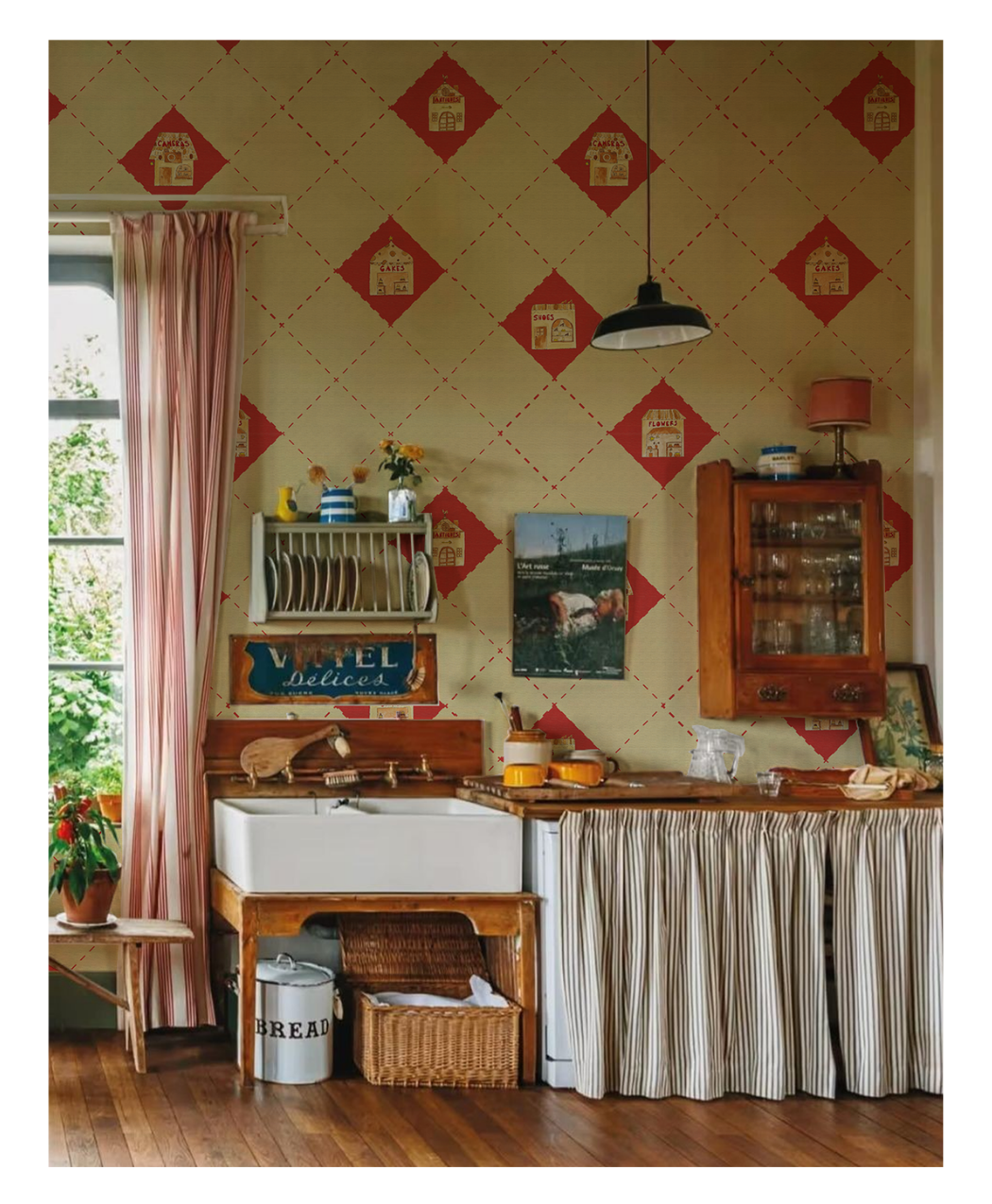 A vignette of the fourth wallcovering:
The Neighborhood, put on the wall of
a kitchen, featuring a sink, countertop
and kitchen utensils.