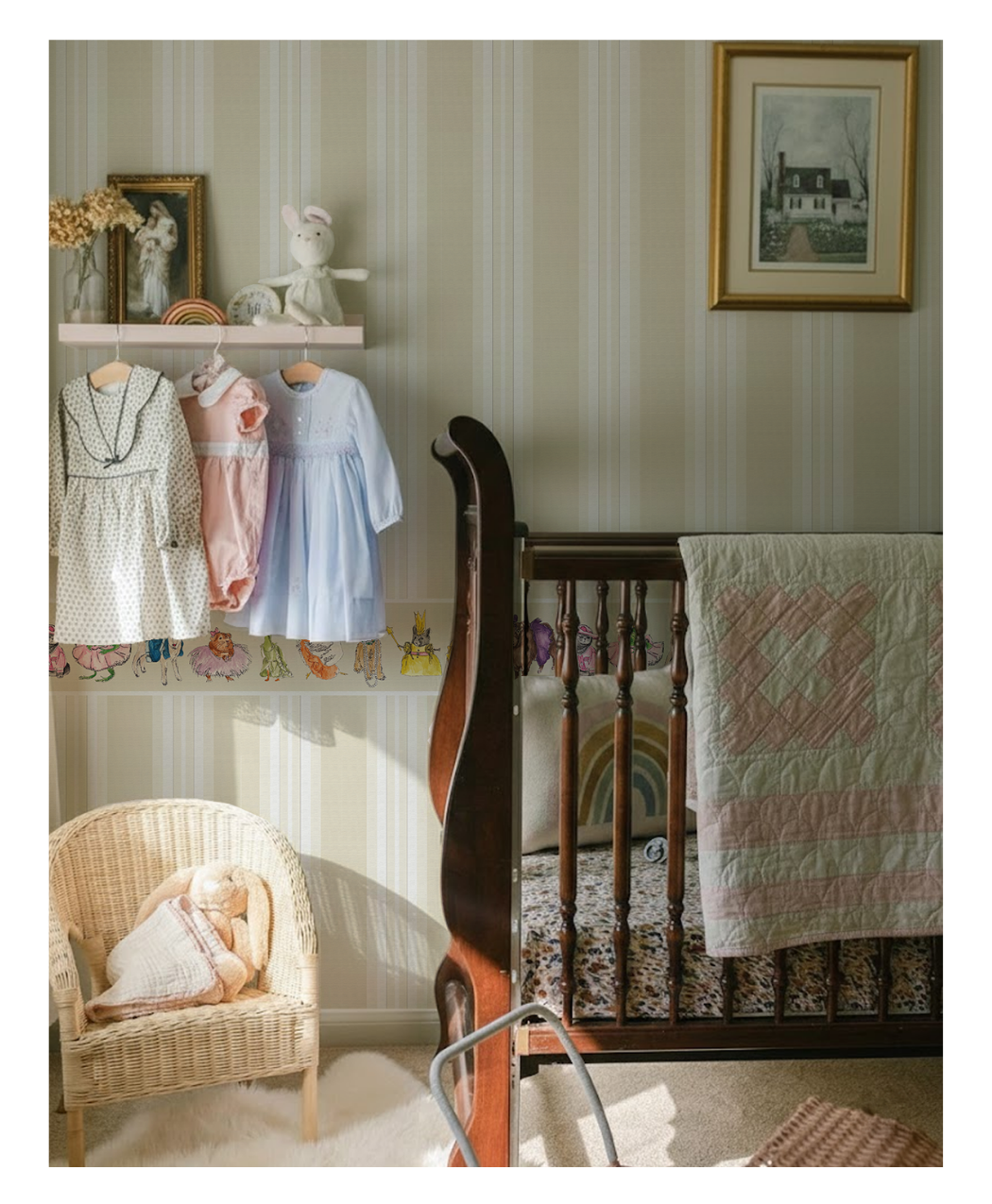 A vignette of the first wallcovering:
The Storybook, put on the walls of a
room with baby crib, a small wicker
chair, and a shelf with pastel dresses
hanging up.