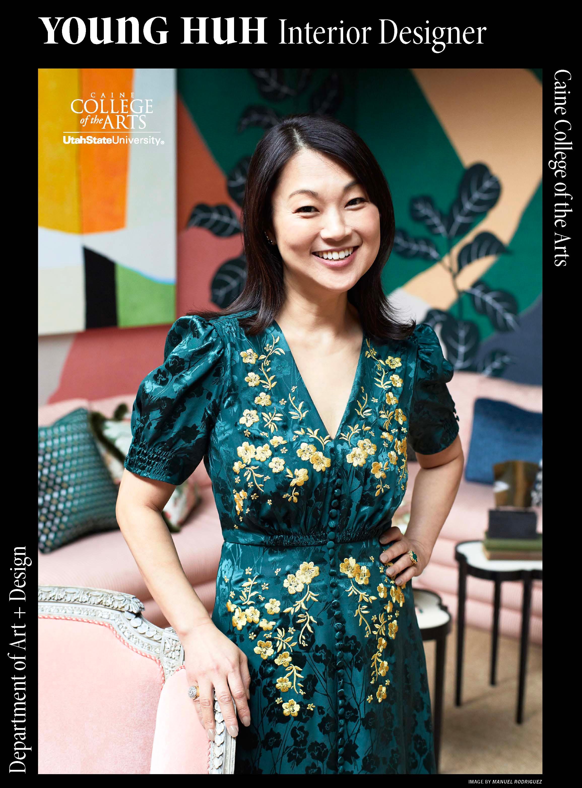 Flyer or promotional image for interior designer Young Huh, presented by the Caine College of the Arts and the Department of Art + Design at Utah State University. Image credit to Manuel Rodríguez.