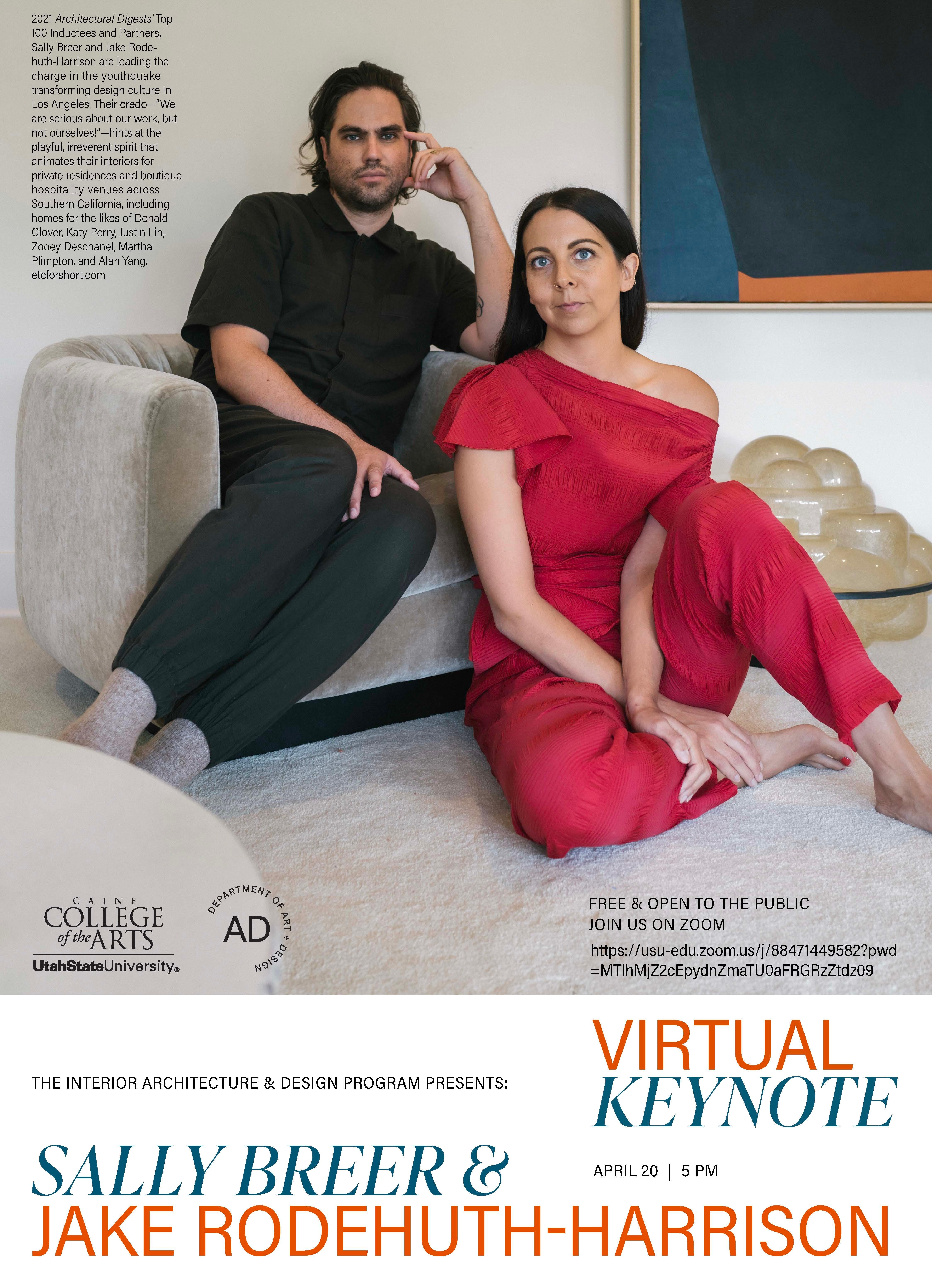 Virtual lecture announcement featuring interior designers Sally Breer and Jake Rodehuth-Harrison of ETC. Held April 20 at 5 PM via Zoom. Free and open to the public. Presented by the Interior Architecture & Design Program at Utah State University