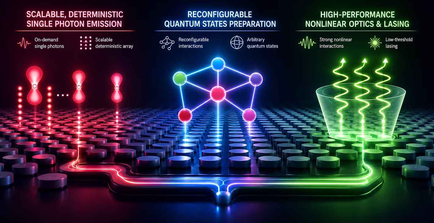 Scalable, deterministic single photo emission; reconfigurable quantum states preparation; high-performance nonlinear optics and lasing