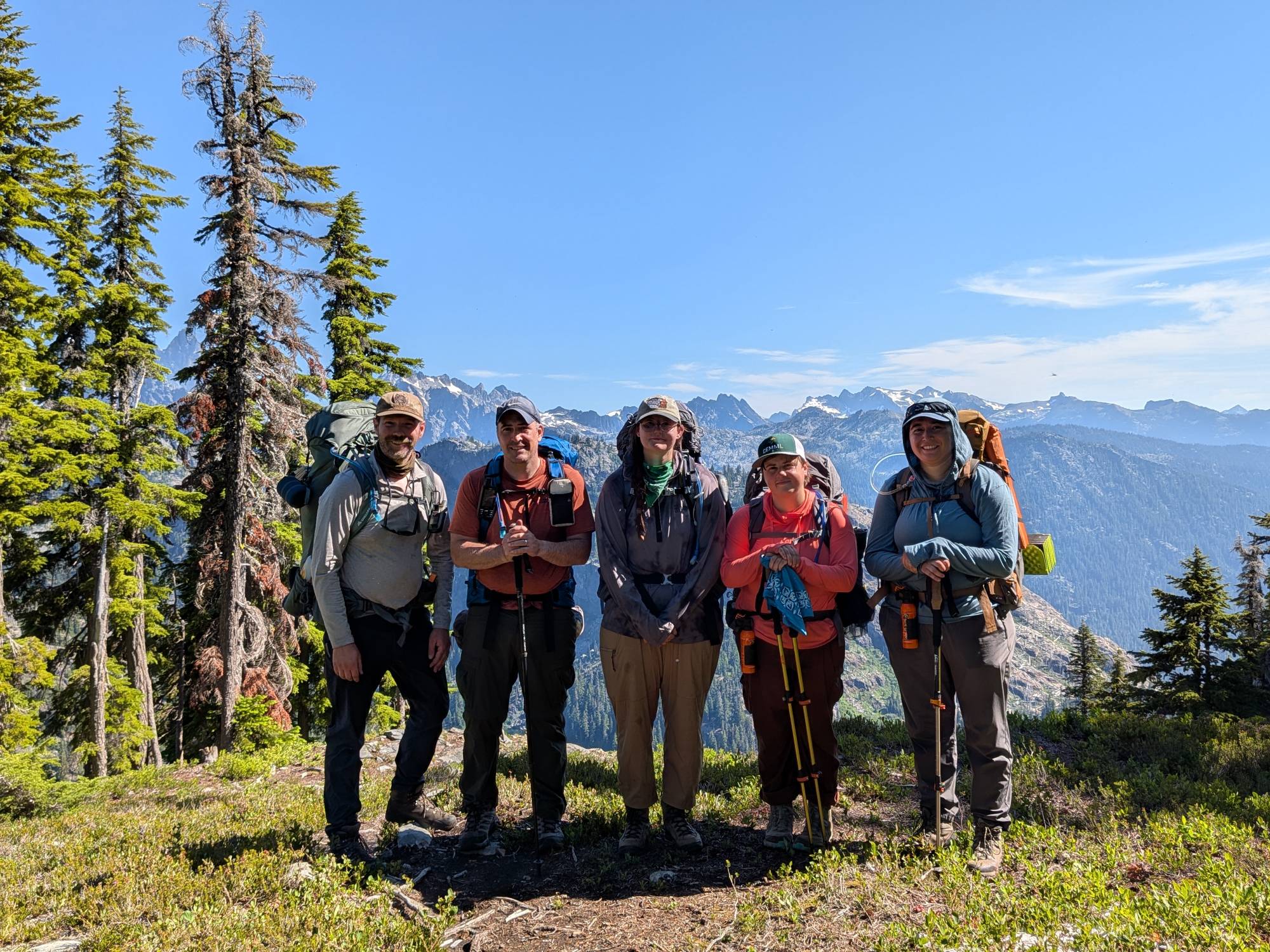 A group of hikers with a mountain and valley view behind them.