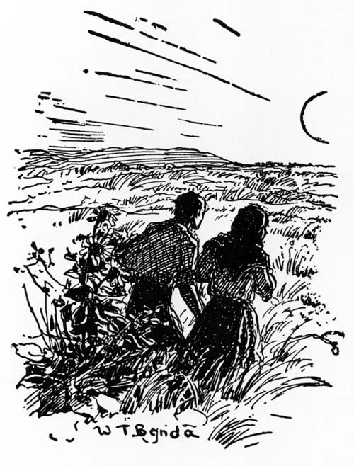 An illustration of two pioneers walking through a field.