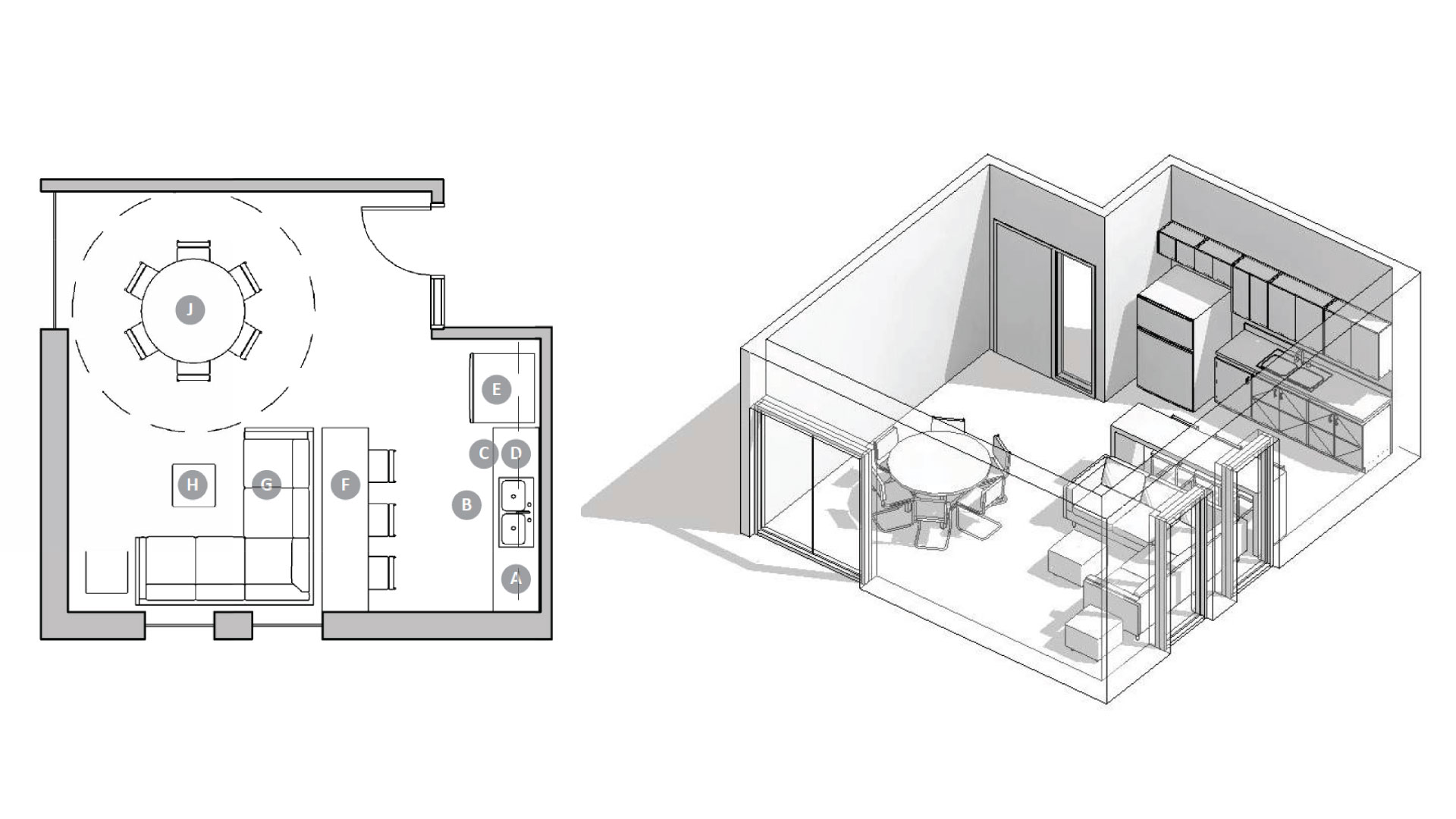 A kitchen like room with a sink and stove with a small sitting area.